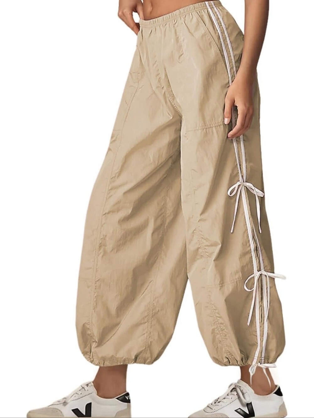 Casual Parachute Pants Elastic Waist / Elastic Hem Women's Pants - Tan Large